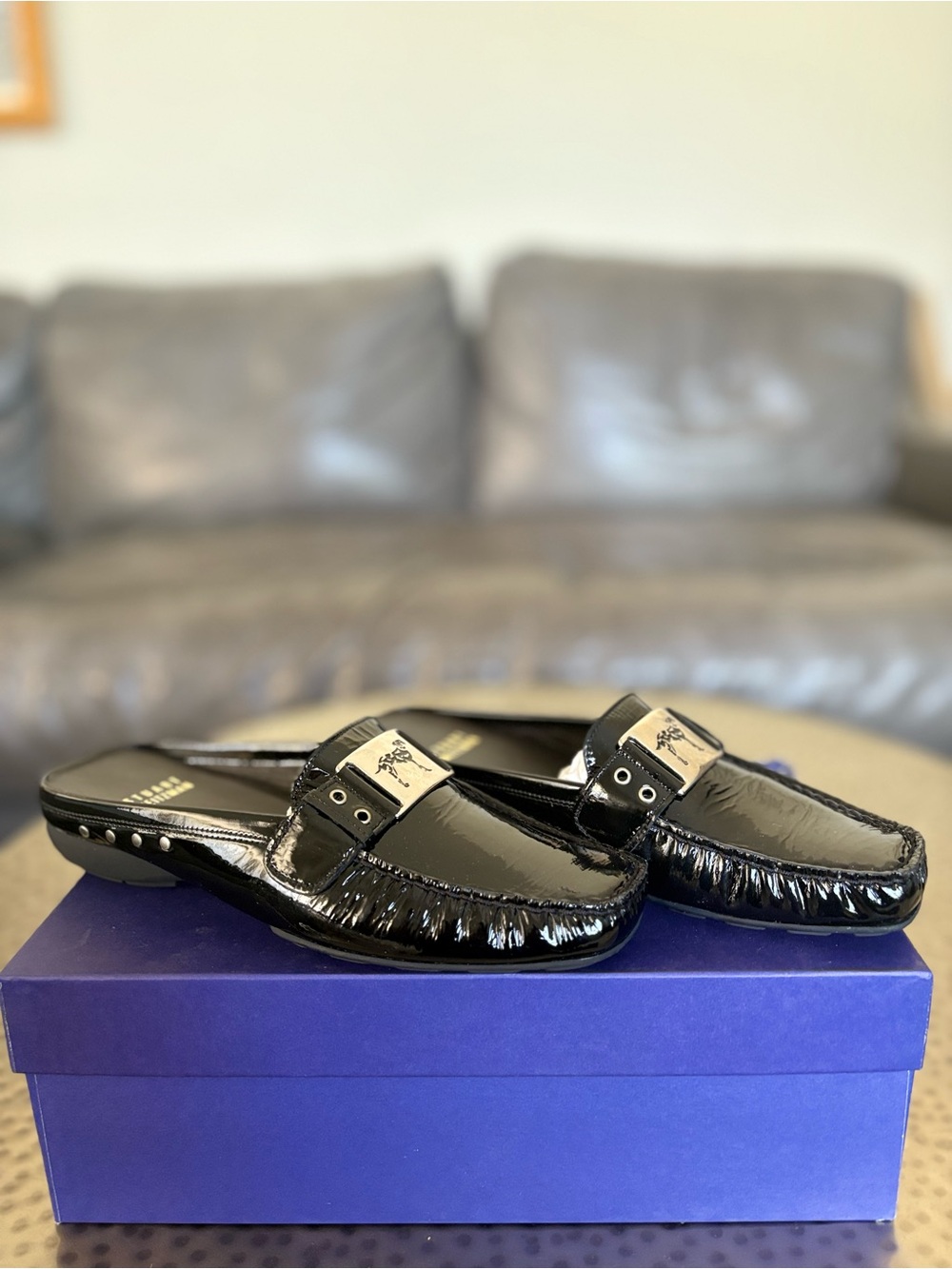 Y2K Stuart Weitzman CanineMule Black Patent Leather Mule Loafers Size 5.5 M NIB